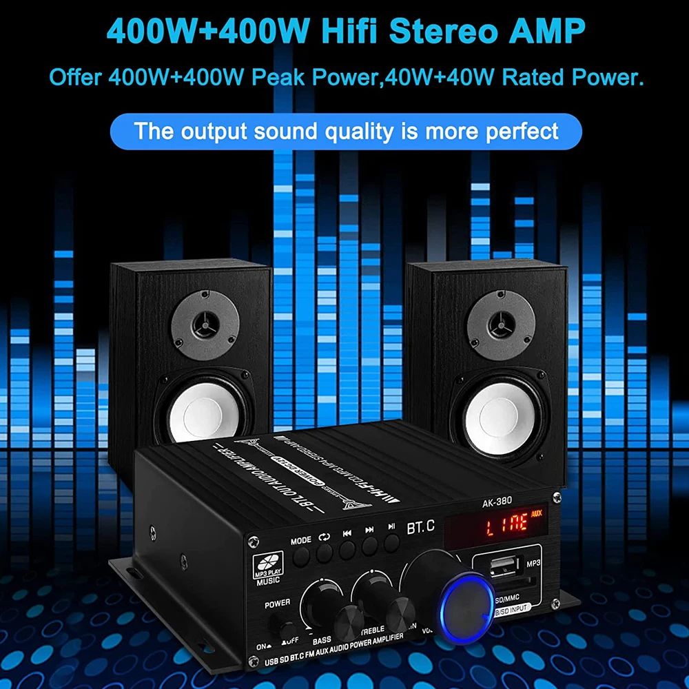 Woopker AK390/380 BT 5.0 HiFi Leistungsverstärker 400Wx2 Stereo Digital-Verstärker BASS Mediaplayer Unterstützt FM-Radio AUX-Mikrofoneingang – Detail 8