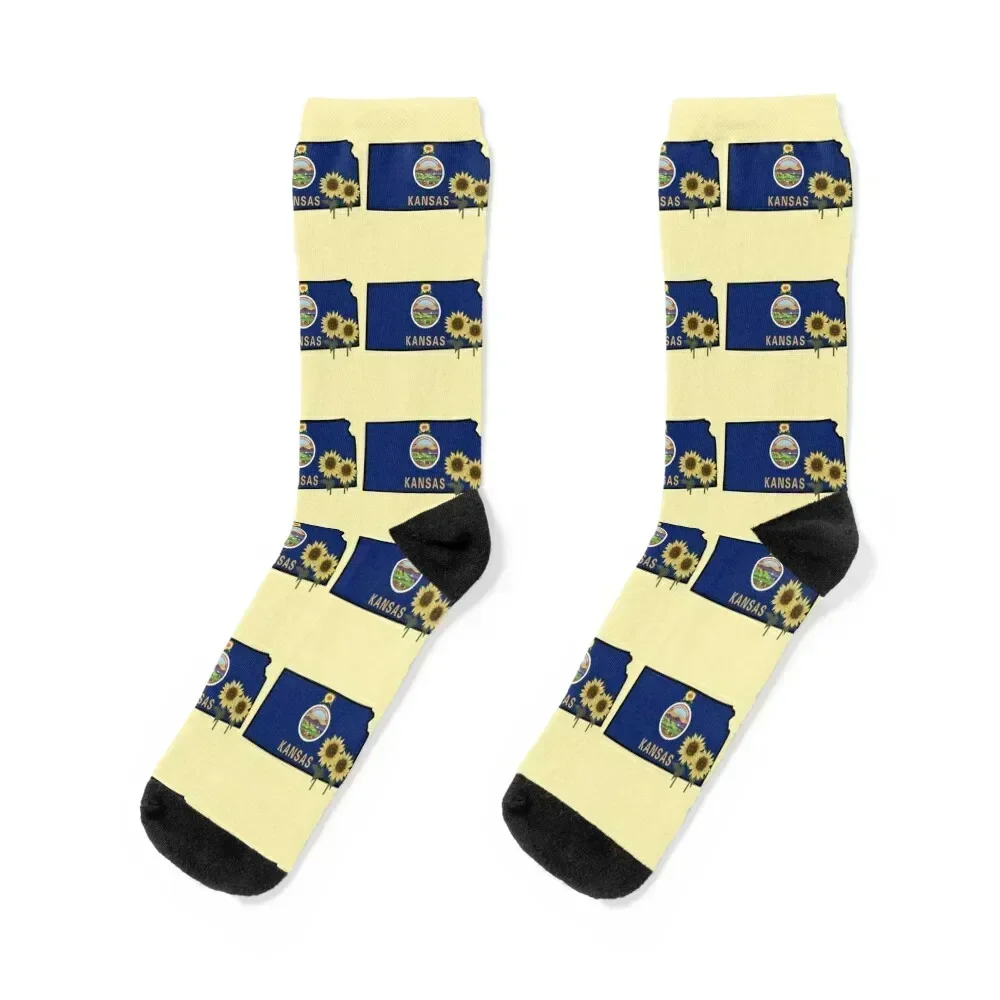 

State of Kansas Flag with State Flower Wild Sunflower On Yellow Socks Soccer hockey Climbing Stockings man Women Socks Men's
