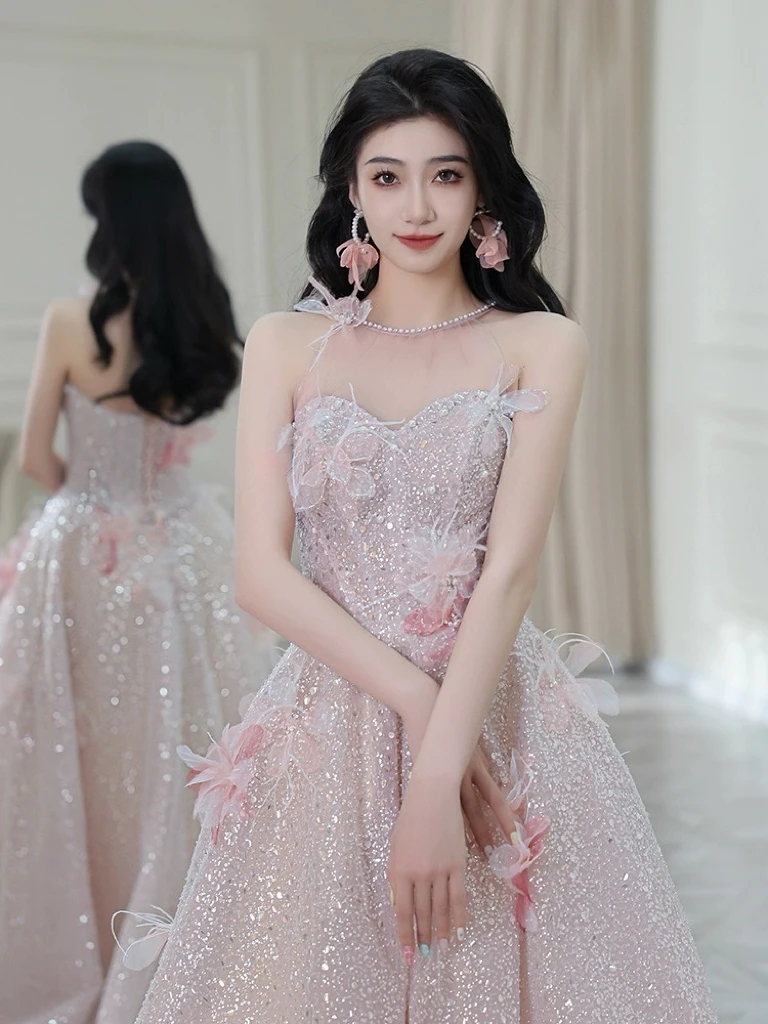 Luxury Bridesmaid Dress Pearl Flower Applique Sequins Feather A-line Formal Occasion Quinceanera Bride Toast Sweet Evening Gowns