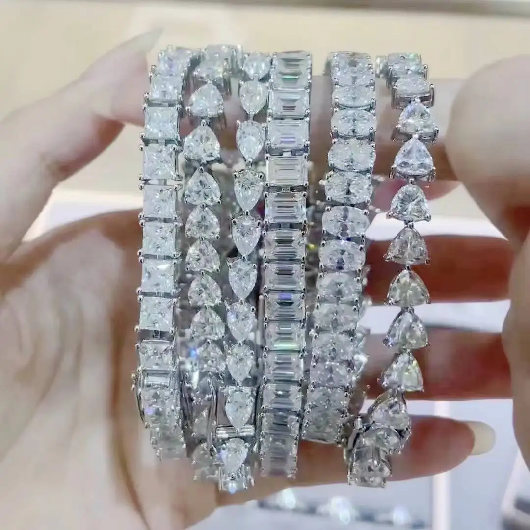 Cheap Mossanite Tennis Chain Emerald Oval Pear Heart Trillion 0.5CT Moissanite Miami Cuban Link Chain in Silver 925