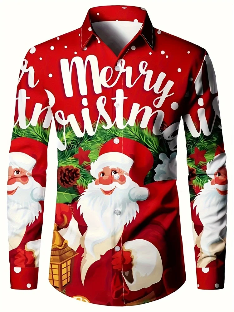 2024 Santa Claus Printed Men's Long Sleeve Shirt Fashion Design Red Printed Clothing Top Autumn/Winter Casual Men's Shirts