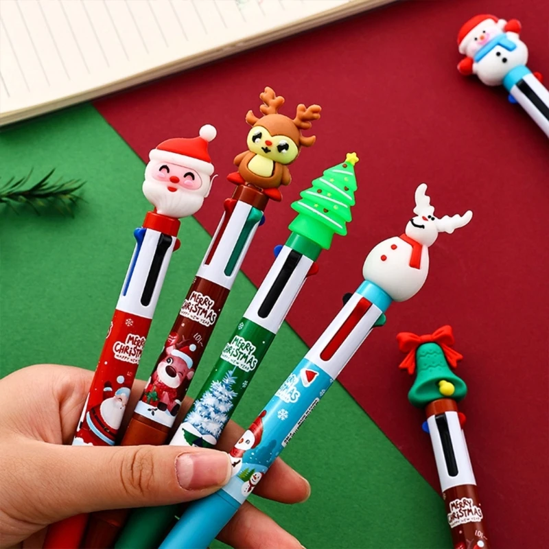 10Pcs Christmas Themed Multicolor Ballpoint Pen Retractable Multicolor Pen 4 Color-in-1 Ballpoint Pen for Noting Drawing