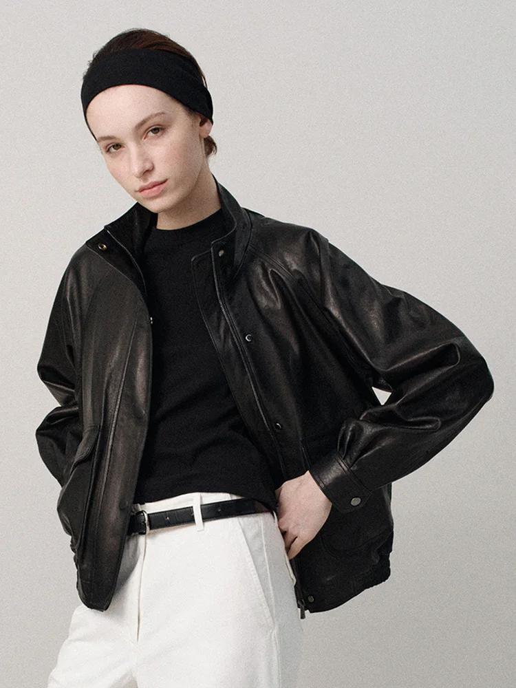 Damska kurtka skórzana ze stójką, wczesnowiosenna, koreański styl, mały rozmiar, wysokiej jakości wygląd, płaszcz z PU, zapinana na zamek, długa.