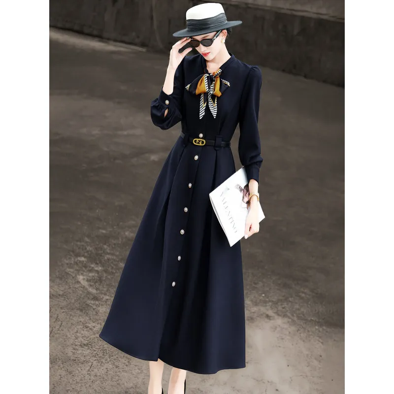 MEXCOCO Women Spring Autumn Elegant Commuter Dress, Scarf Collar Single Breasted Long Sleeve High Waist Slim Office Midi Dress