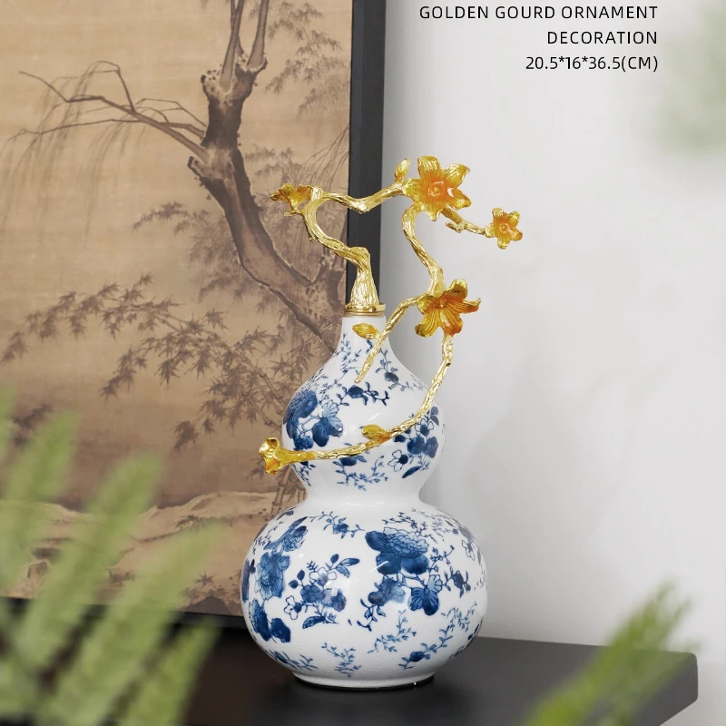 

New Chinese Home Decoration Blue and White Gourd Living Room Wine Cabinet Enamel Ceramic Handicrafts Desktop Decoration Ornament