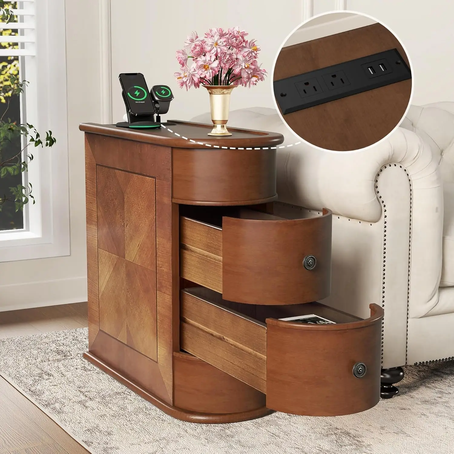 

Rounded Sofa Side Table With Charging Station, Fully Assembled End Tables With Storage, Vintage Bedside Table Nightstand For
