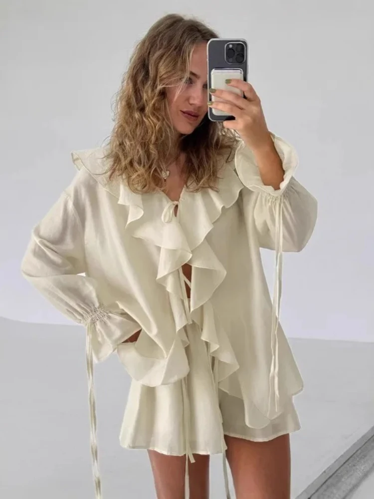 Ensemble deux pièces pour femmes, short décontracté, ample, à volants, cravate, haut Simple, ensemble OL, bureau, été