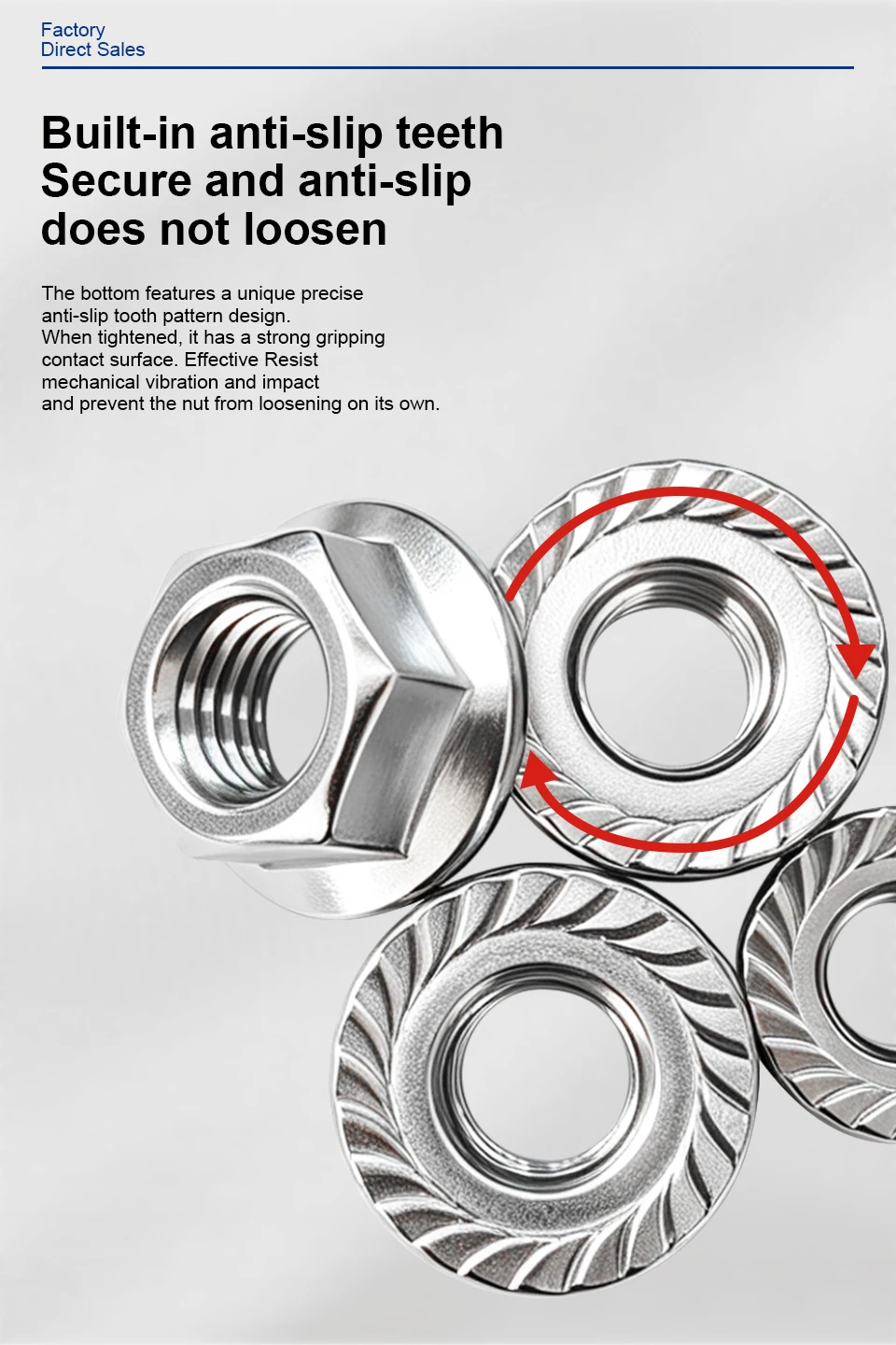 DIN6923 Sechskant-Flanschmutter mit Zähnen SUS304 A2-70 INOX Edelstahl Metrischer Sicherungskragen Befestigungselement Verpackt in Box M3 M4 M5 M6 M8 M10 M12 – Detail 6