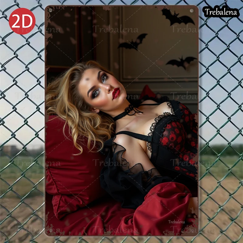

1PC 2D Flat 8*12inch Metal Sign Gothic Beauty with Bats Vintage Style Wall Art