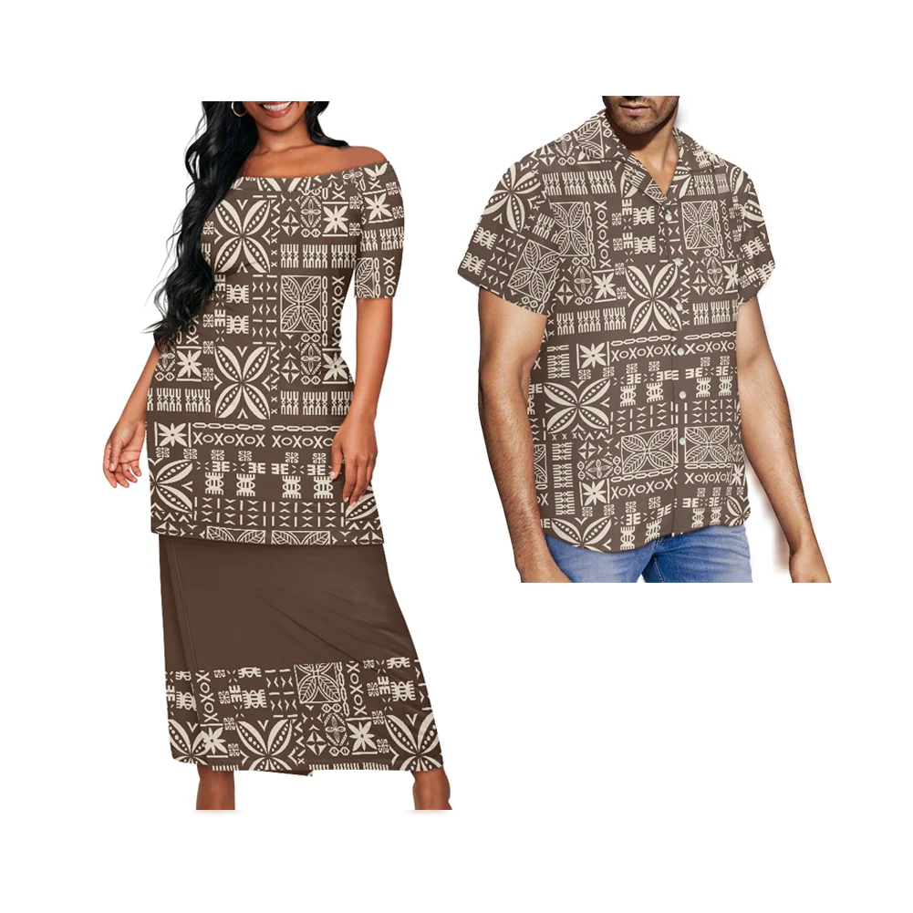 

Elegant Off Shoulder Evening Party Dresses With Aloha Shirt Women Clothing Polynesian Tribal Puletasi Samoa Set Couple Match