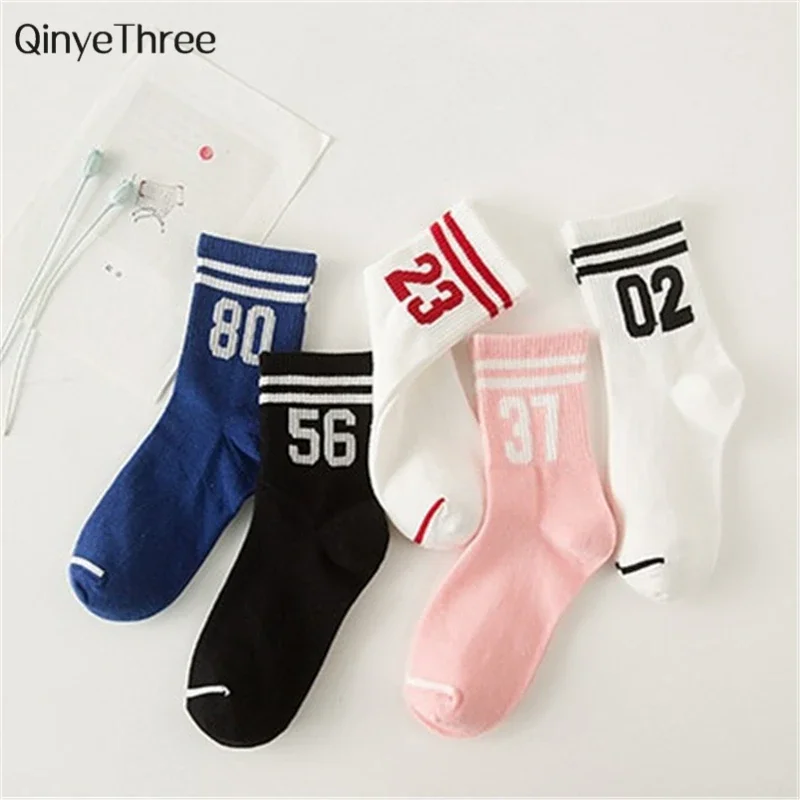 Women Cotton Socks Unisex Letter Digital Number Double Stripe Pattern Harajuku Cool Skateboard Art Hipster Sokken Dropship