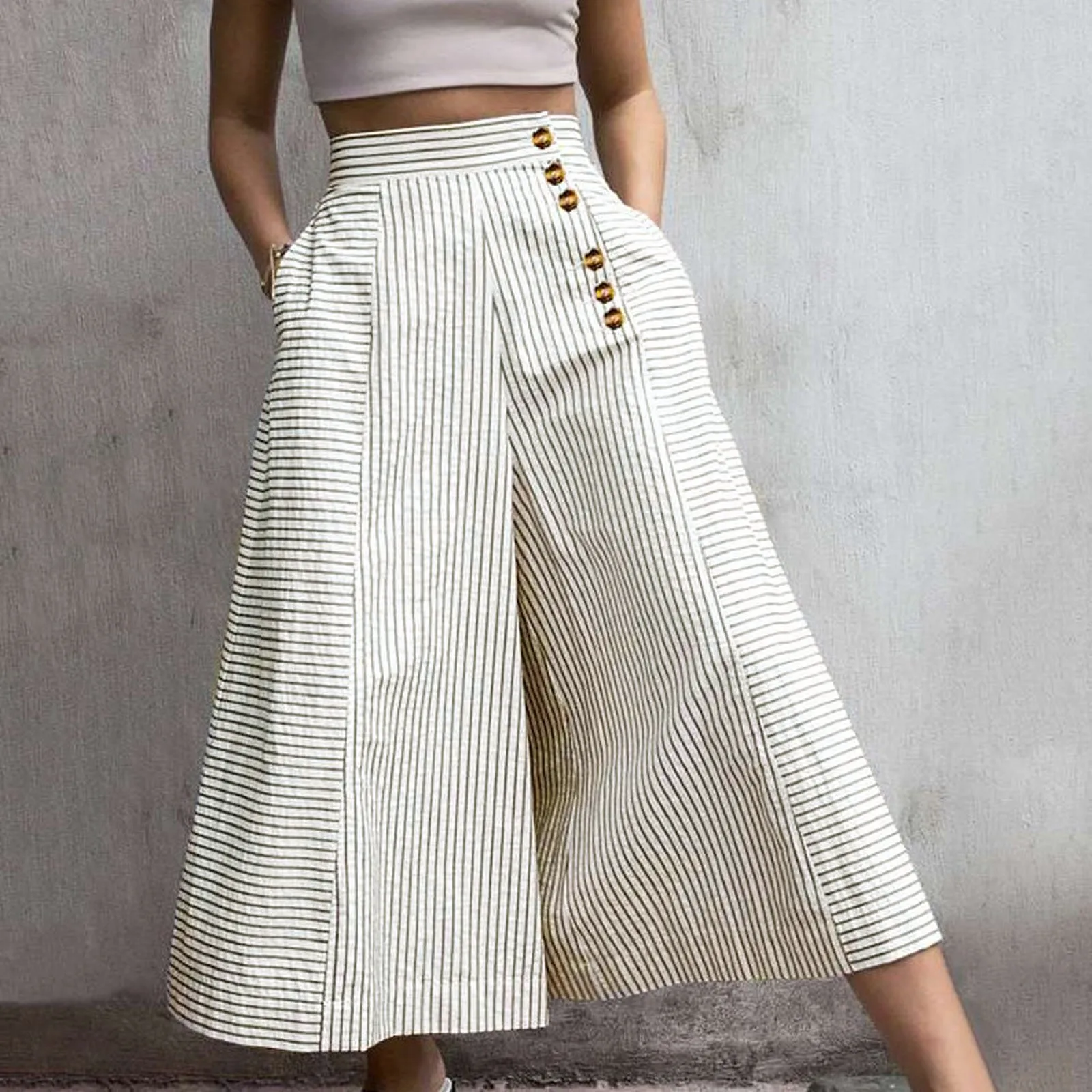 

Women High Waist Striped Pants 2024 Fashion Retro Wide Leg Trousers Summer Casual Buttons Loose Elegant Party Pantalones