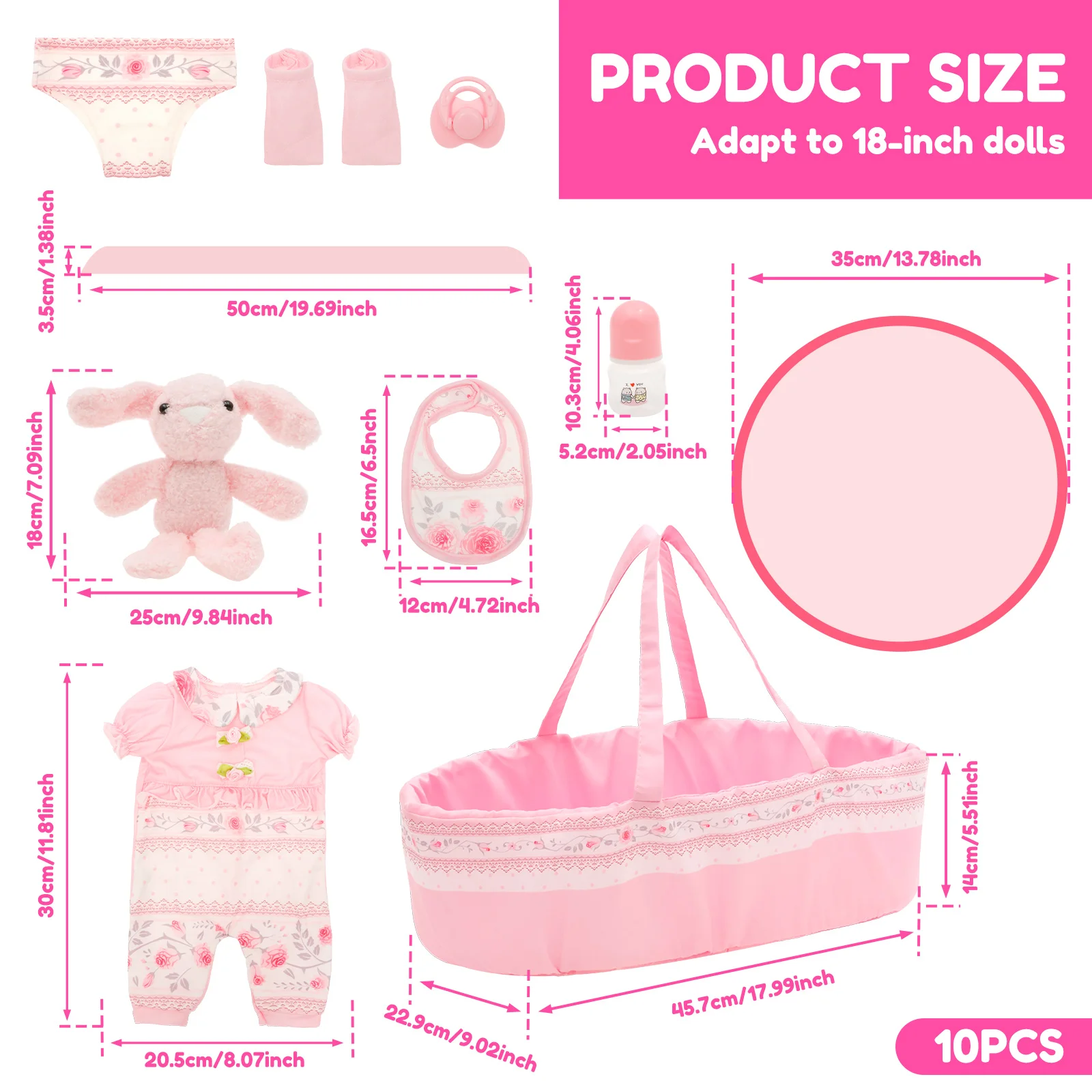 10-teiliges Puppenkleidungsset, tragbares Babypuppenzubehör mit Stubenwagen, Windel, Schnuller, Babyflasche für Kinder, Kleinkinder, Mädchen, Jungen