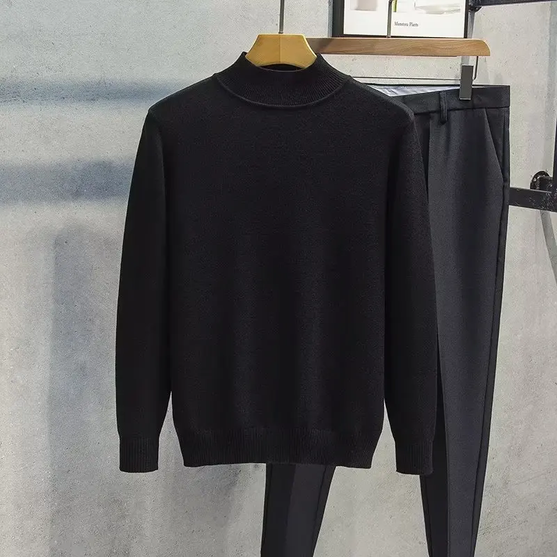 

Men Fashion Mock Neck Long Sleeve Sweater Spring Autumn New Korean Casual Loose Versatile Pullovers Black Simple Warm Tops