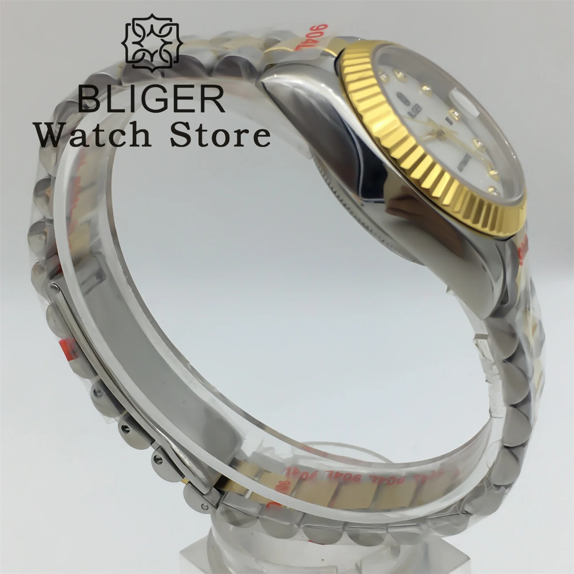 Bliger 31mm senhora relógio nh05 movimento mecânico dois tons ouro curvado moldura canelada pérola escudo dial índice de diamante vidro safira