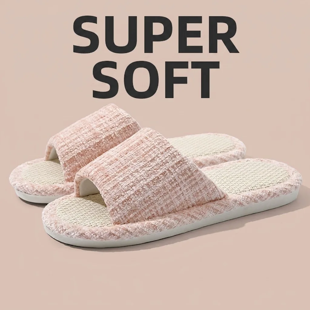 Atmungsaktive Leinen-Hausschuhe für Damen und Herren, gestrickte Tweed-Slipper mit offener Zehenpartie, rutschfeste, dicke, weiche Sohle, schweißabsorbierende Hausschuhe. – Detail 8