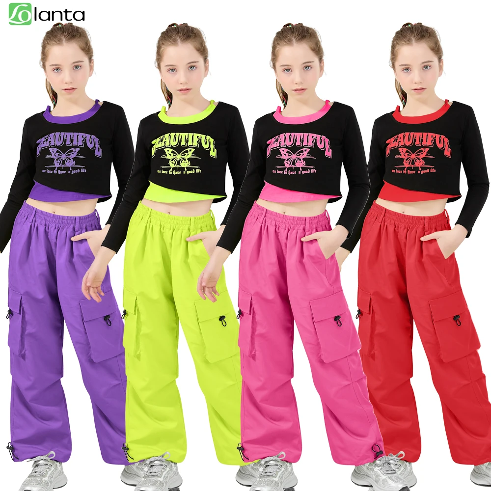 

LOlanta, комплект из 2 предметов: одежда для танцев в стиле хип-хоп для девочек, комплект из укороченного топа с длинными рукавами и брюк-карго для джазовых танцев, 7-15 лет