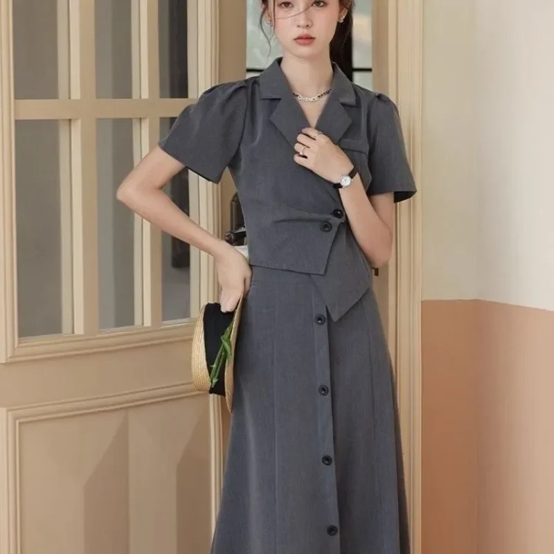 Office Female Outfits Short Sleeve Full Co Ord New Matching Festival Clothing Arrivals Korea Women's Two Suits Skirt Piece Set
