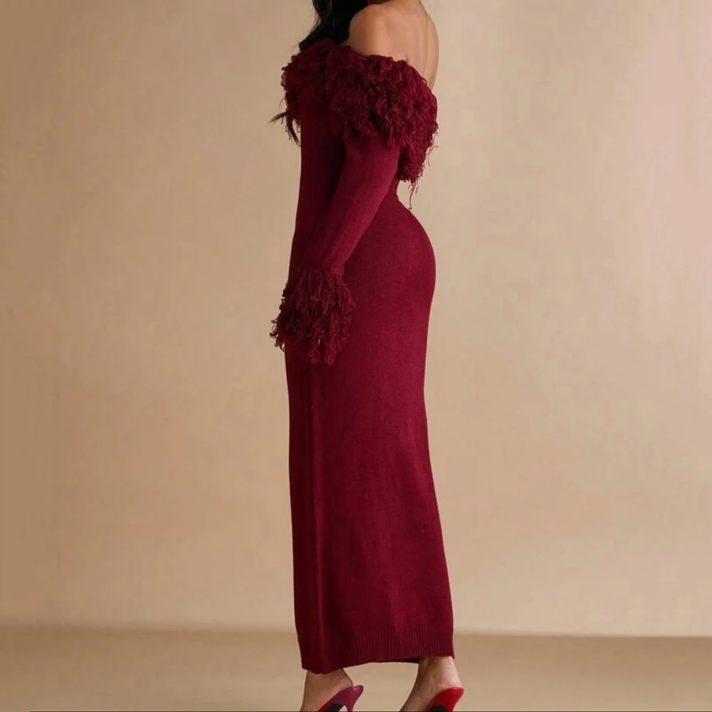 맞춤형 스트레이트 이브닝 드레스 티 길이 오프숄더 긴 소매 프롬 가운 심플 패션 백리스 캐주얼 파티 가운