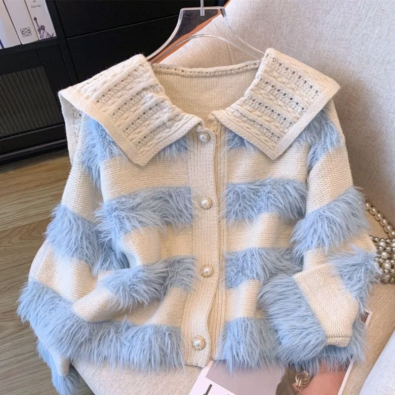 Korean Version Heavy Industry Spliced Mohair Sweater Jacket for Women\'s Autumn and Winter Lazy Doll Collar Knitted Cardigan Top