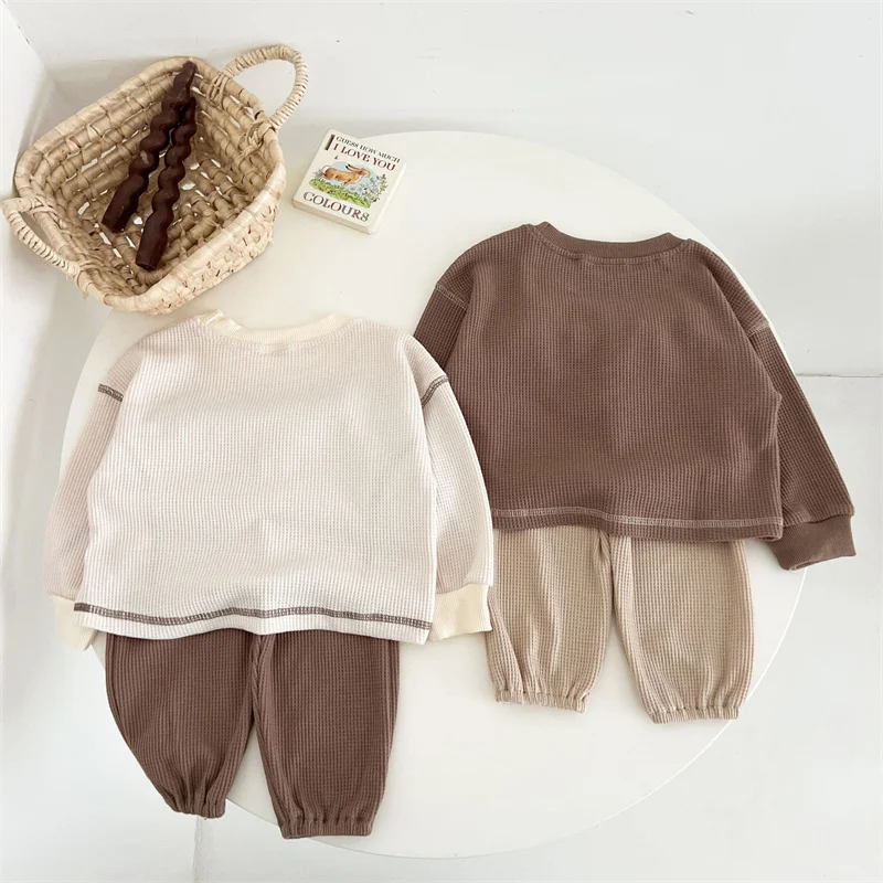 Children Clothing Sets Boys Girls Spring Fall Casual Suits Kids Loose-Fitting Waffle-Weave Top Pants 2Pcs Outfits Autumn Costume