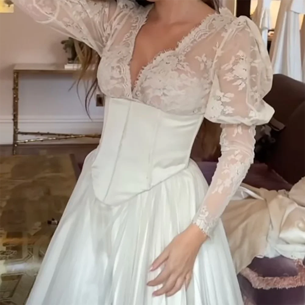 الكلاسيكية الخامس الرقبة الدانتيل كم كامل الباسك ألف خط فساتين زفاف العروس أثواب الزفاف حسب الطلب