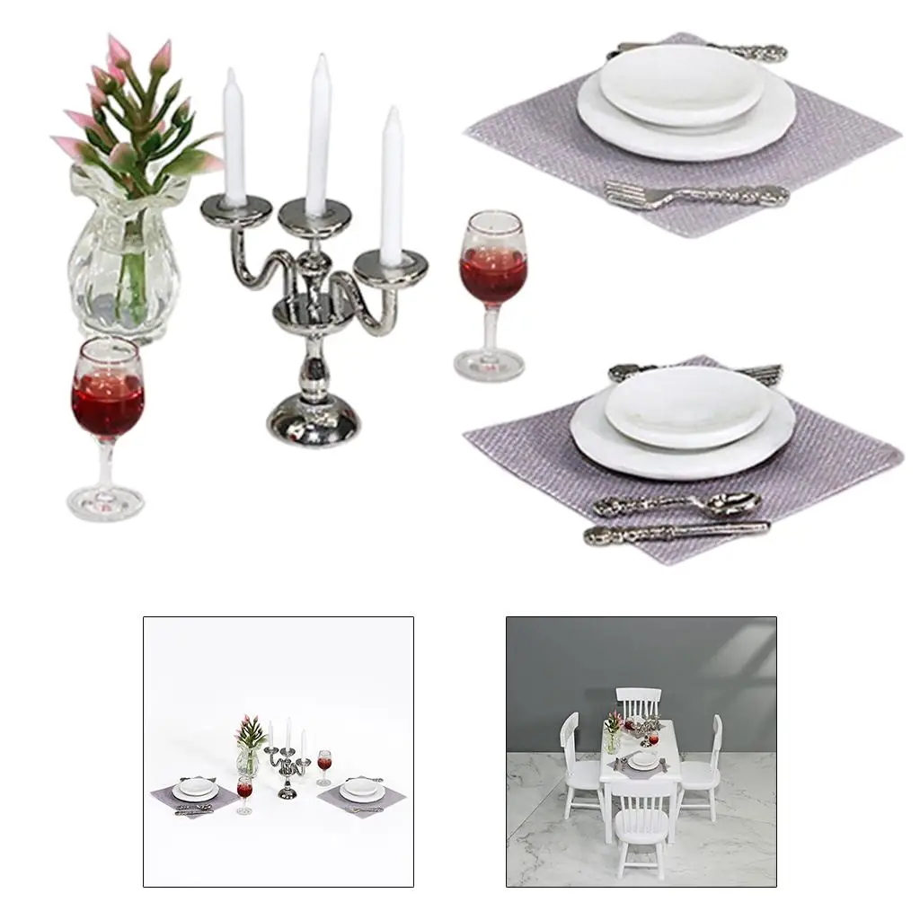 Miniature Dollhouse Tableware Set 1 12 Scale Porcelain Plates Bowls Alloy Knife Fork Spoon Fabric Tablecloth for Dollhouse