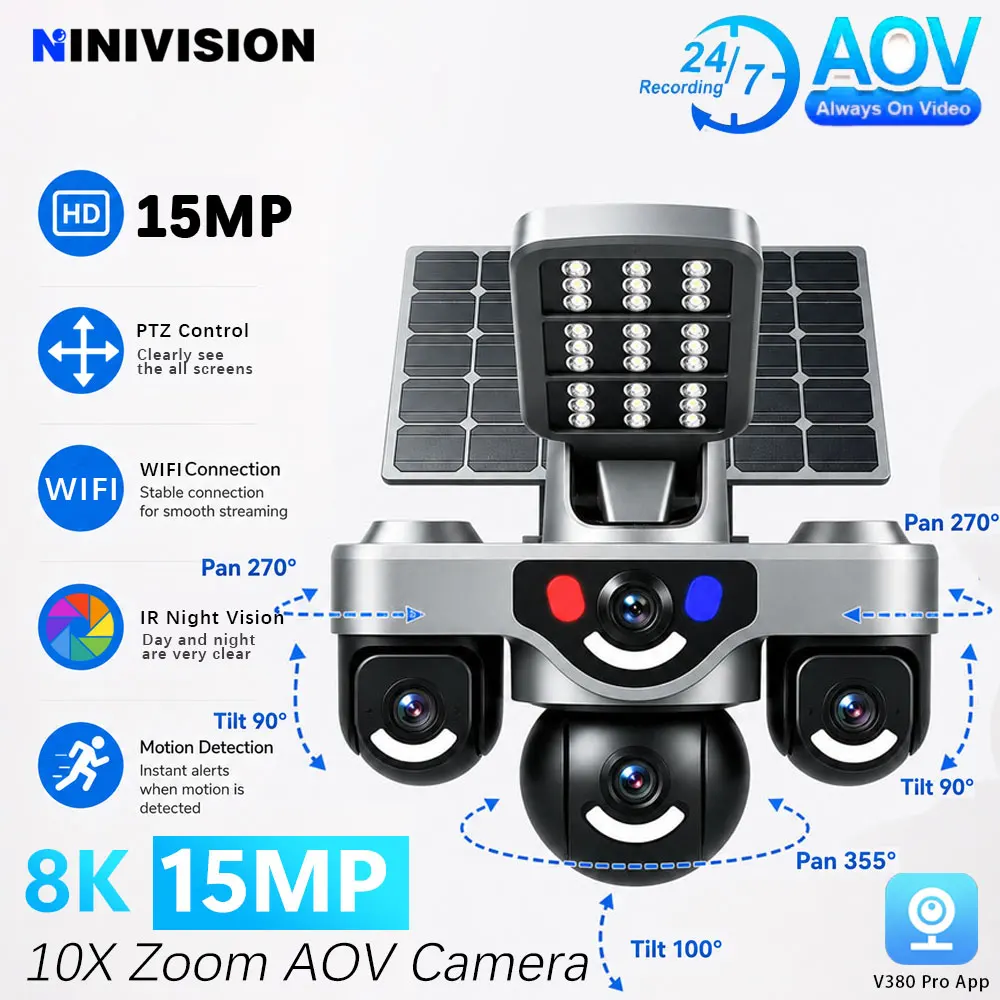 V380 AOV Solar IP Camera HD 15MP 3Lens 3Screen 4G SIM Card Camera 3 PTZ Color Night Vision Two Way Intercom Mobile Track IP CCTV