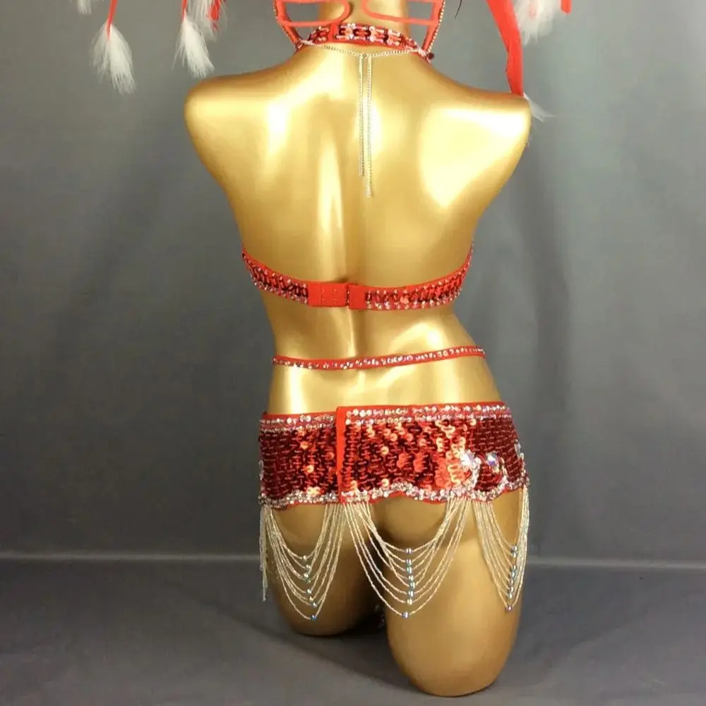 Hot Parade Costumes Women Showgirl Sexy Samba Queens Rio Carnival Costume With Feather Headdress Red Belly Dance Clothes Outfits