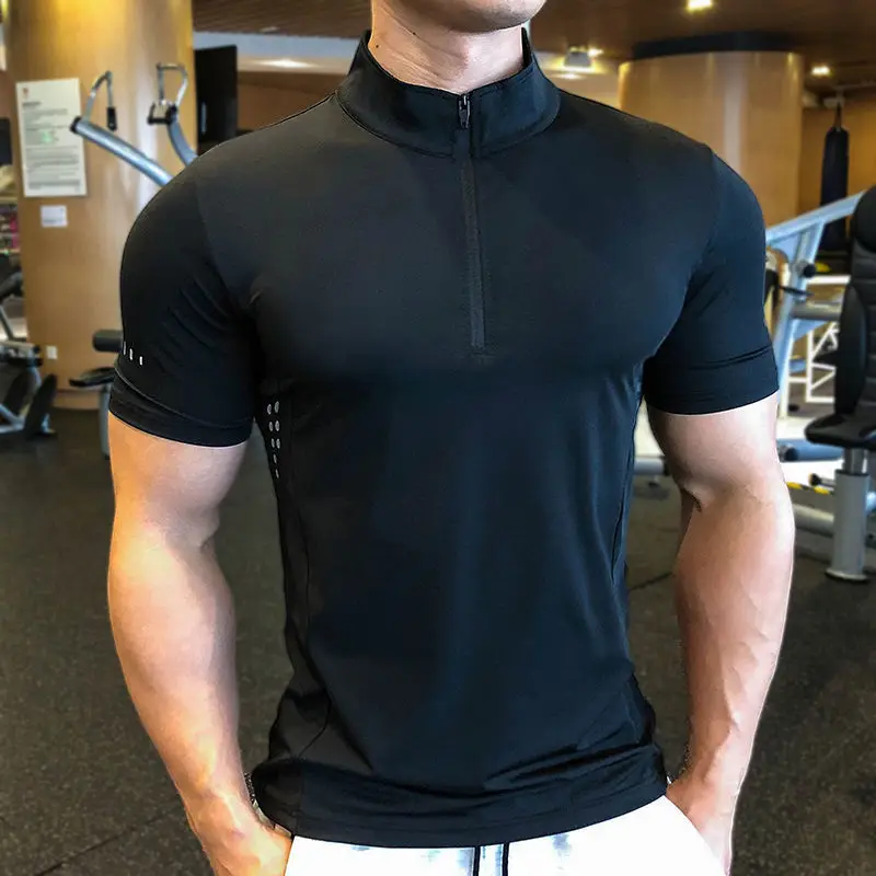 New Spring Half Zip Top Tights Short Sleeve Fitness T-shirt Quick Dry Training Running Elastic Fabric For Men Women