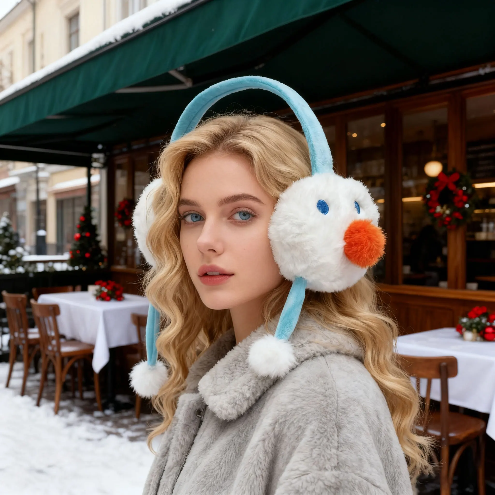 Cute Snowman Plush Earmuffs - Winter Warm Ear Warmers with Pom Poms, Festive Christmas Accessory for Women & Girls