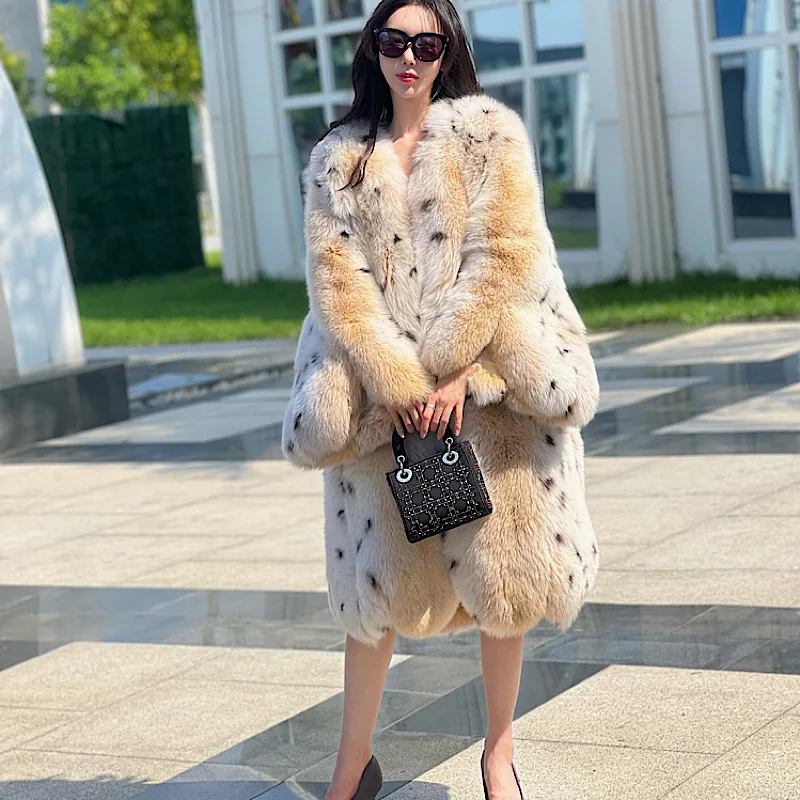 2024New V-Neck Spotted Fox Fur Flare sleeve Coats Women Winter Warm Outerwear High Quality Genuine Fox Fur Thick Fur Coat