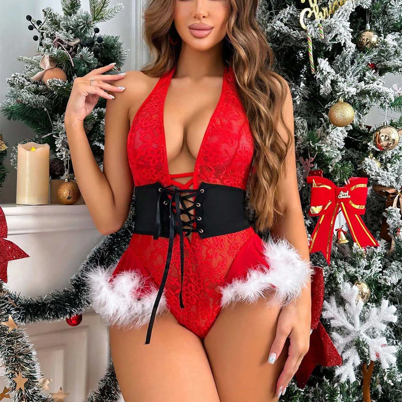 

Erotic Sexy Christmas Women Lingerie Bodysuit Sleeveless See Through Plush Trim Decor Lace Jumpsuit Bodycon Sleepwear