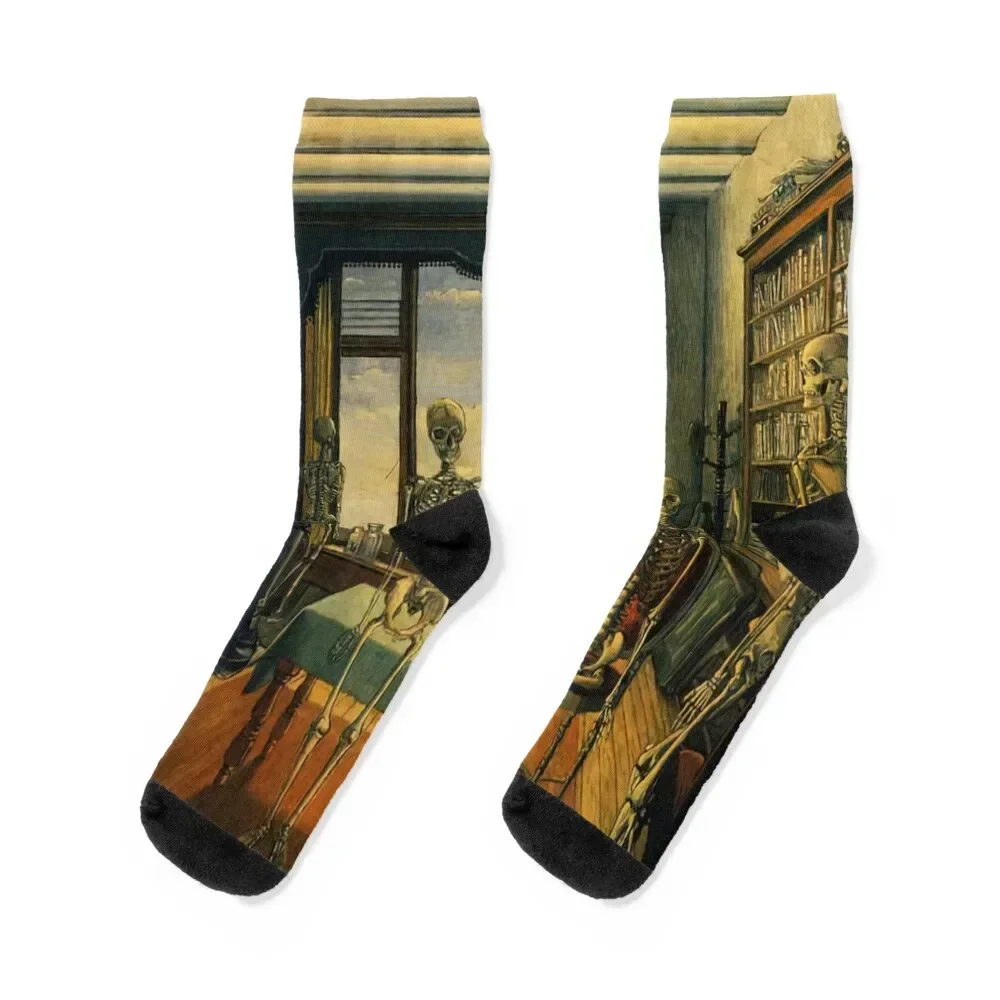 Skeletons in an office by Paul Delvaux Socks christmas gifts anime Socks Male Women's