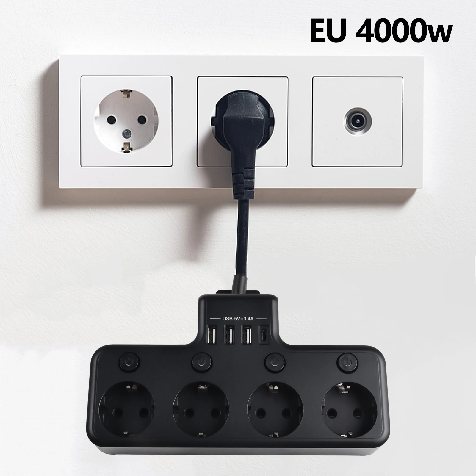 16A 4000W 4-Way Power Strip Individually Switchable Multiple EU Socket With USB Short 4-hole USB Plug Board