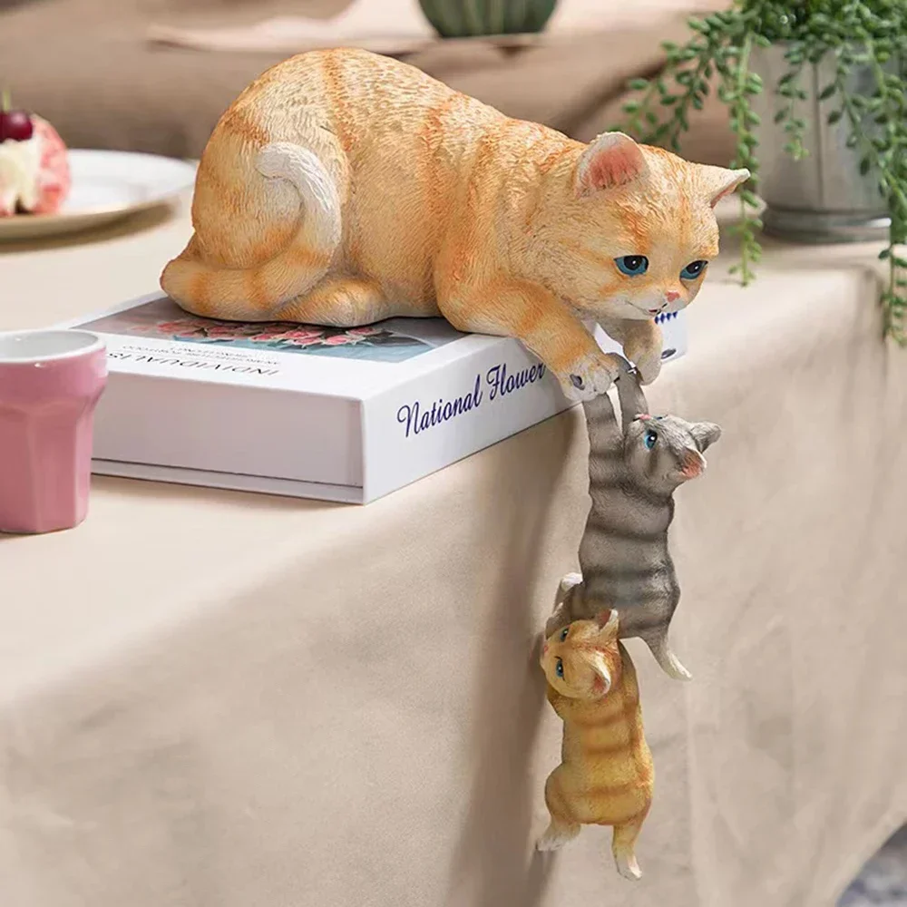 Cute Cat Hugging Kitten Resin Statues 3 Pcs/Set, Dining Table & Home Decor Accents, Creative Handmade Gift Items