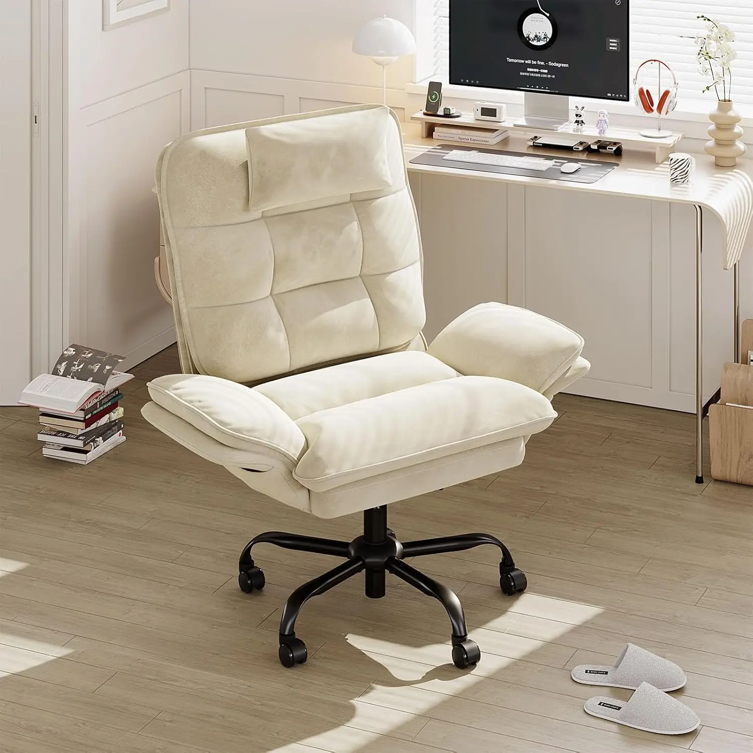 Velvet Executive Office Chair, Ergonomic Chair with Flip-up Arms, 135° Reclining Office Chair with Side Pockets & Headre