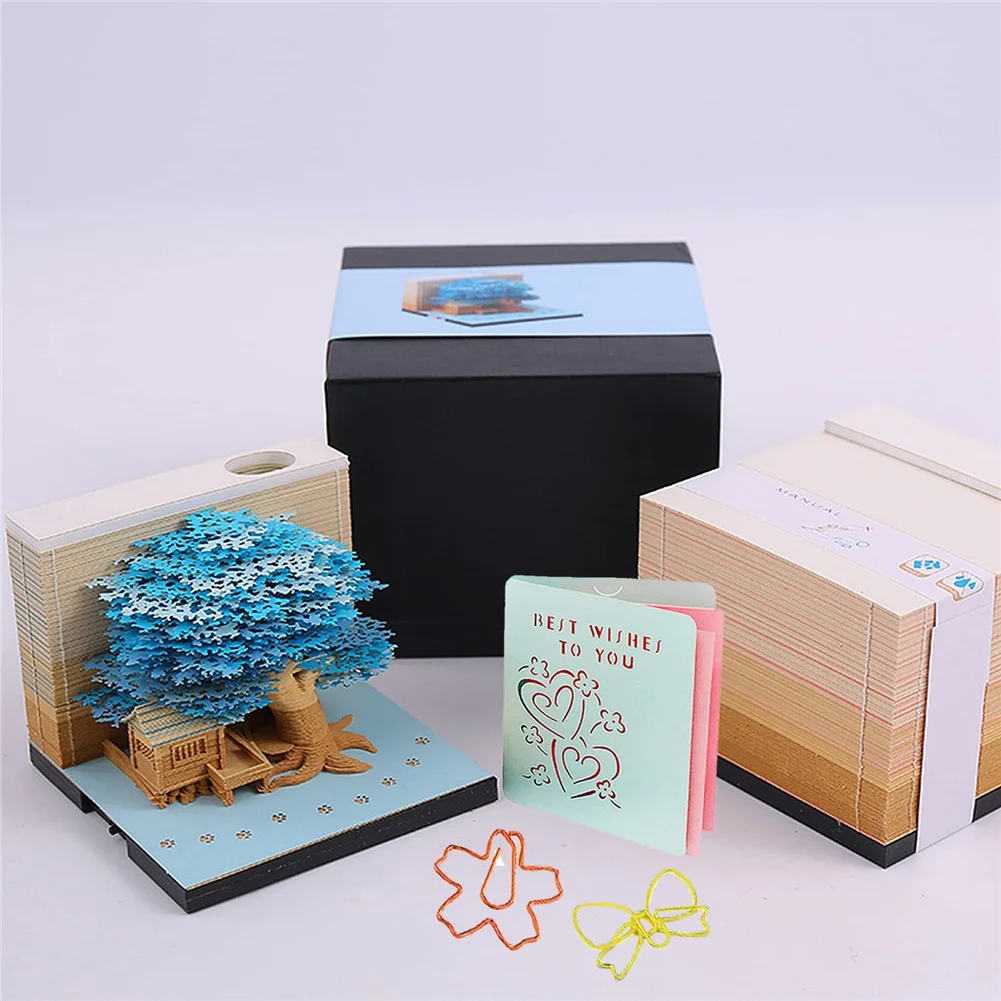 DIY Memo Pad with Lights Kawaii Sticky Notes 3D Paper Carving Art Notepad Cubes Creative Notepaper Block Birthday Christmas Gift