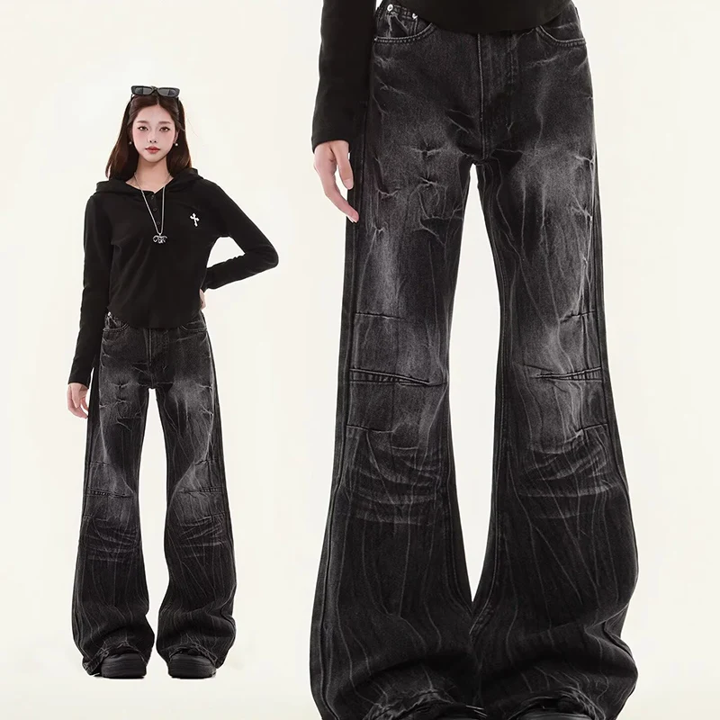 Y2K Hip Hop Jeans American Retro Design Trendy High Street Washed Tie Dye Zipper Micro Flared Long Pants
