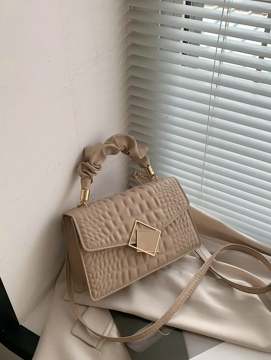 

Beige Quilted Ruched Top Handle Flap Square Bag with Geometric Clasp