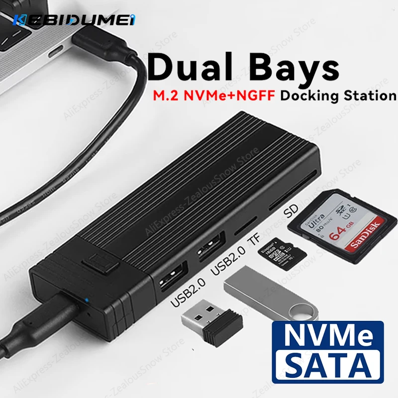 KEBIDUMEI M.2 NVMe NGFF SATA SSD Enclosure USB C HUB 5-in-1 Type C HUB Dock With Disk Storage Function SD TF Card Reader For PC