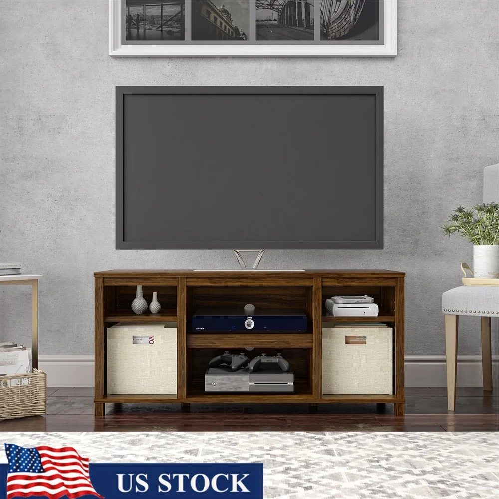 Parsons TV Stand 50 Inch Flat Panel TV Open Storage Shelves Modern Wood Media Console Easy Assembly