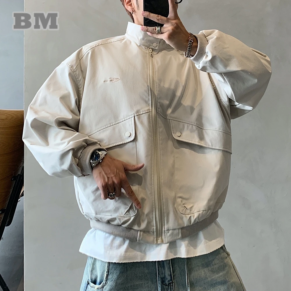 

‌Mens Korean Style Work Jacket Loose Fit Stand Collar Streetwear Casual Trendy Spring Autumn Fashion Outerwear Male Coat‌