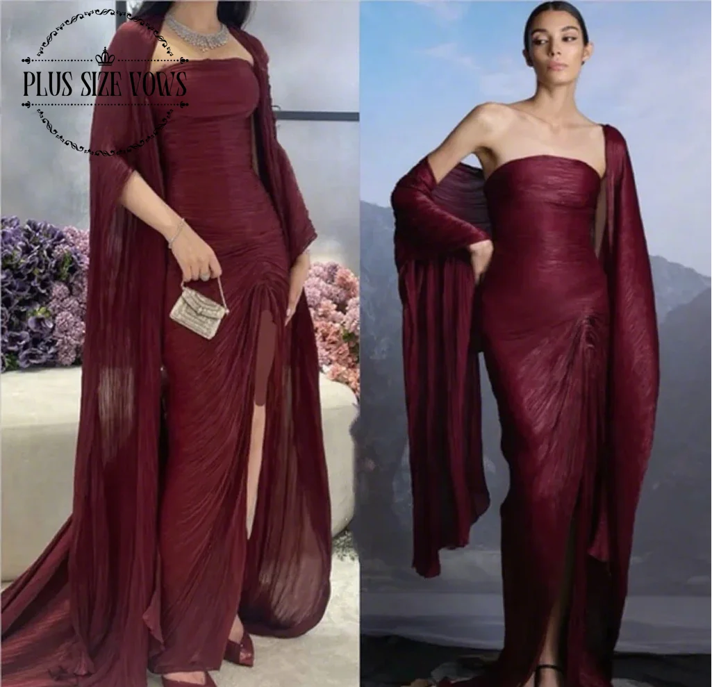 Customized Burgundy Strapless Sleeveless Luxury Evening Dress Pleat Split Floor Length Prom Dresses Mermaid Formal Gowns