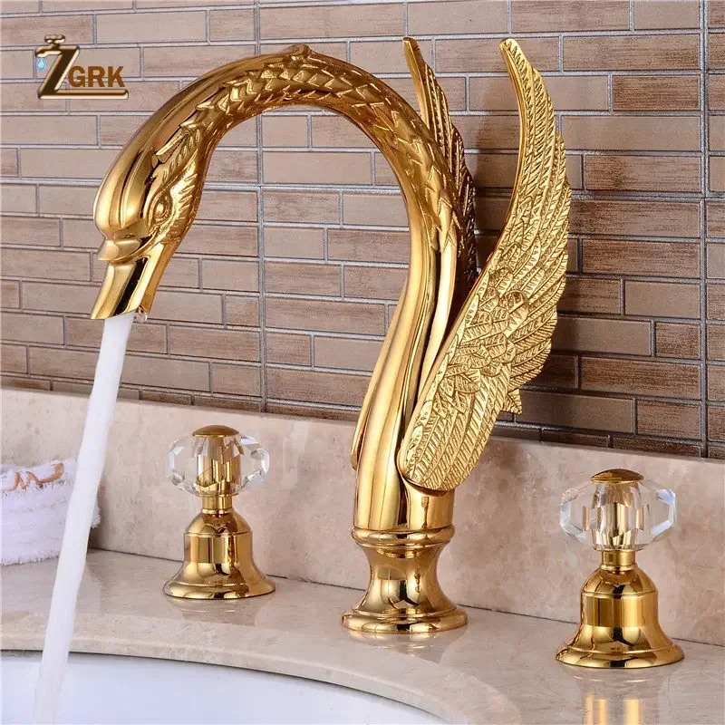 Gold Finish Bathroom Faucet 3 Hole Luxury Golden Swan Shape Basin Tap Dual Handle Deck Mount Three Pieces Faucet Set Solid Brass