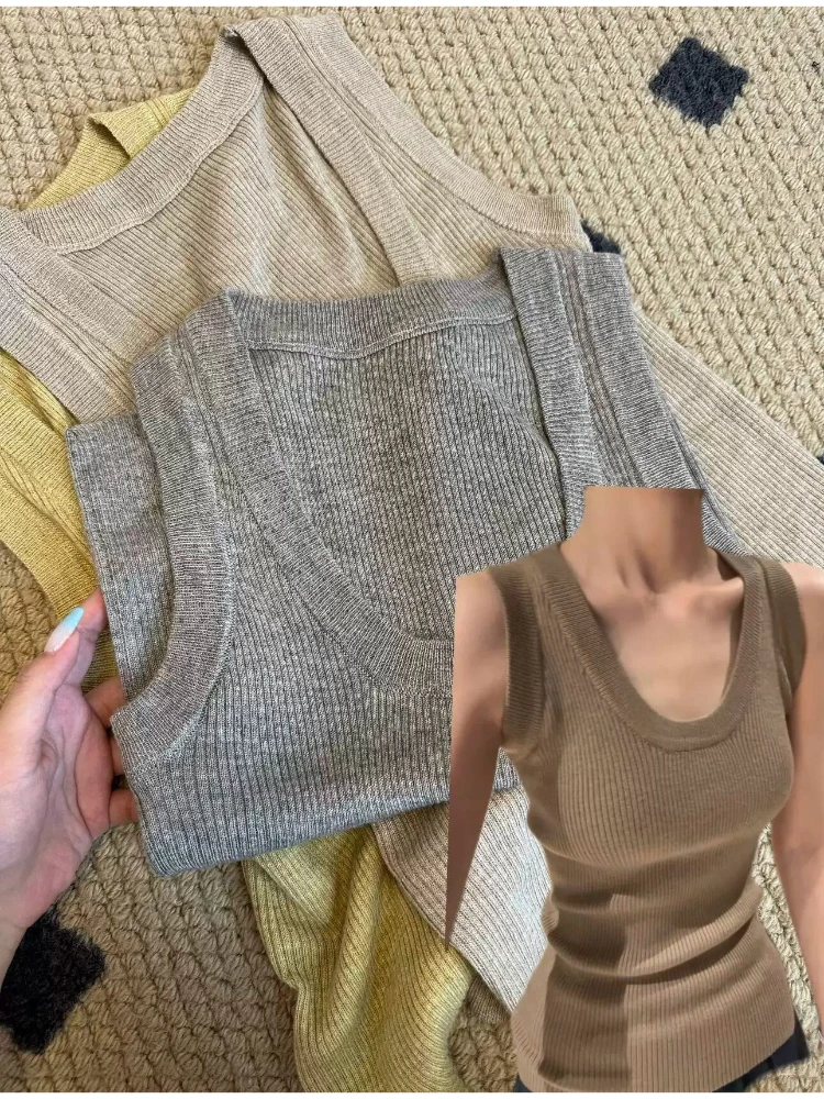Princess Style Knitted Vest Women's Korean U-Neck Slimming Arm Fat Covering Versatile Strap Vest High-End Feeling Casual Wear
