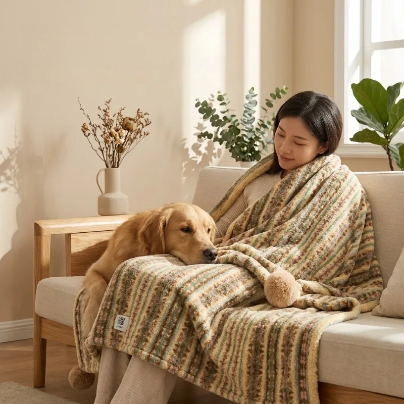 Striped Rice Grain Velvet Blanket Living Room Sofa Nap Blanket Double Sided Soft Shawl Blanket Lightweight Keep Warm Durable