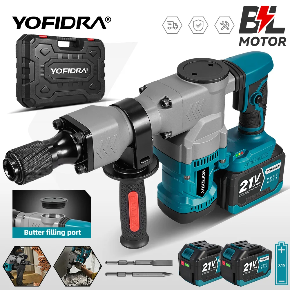 Martillo Demoledor Eléctrico sin Escobillas YOFIDRA de 6000W, Martillo Perforador Profesional de Alta Resistencia para Batería Makita