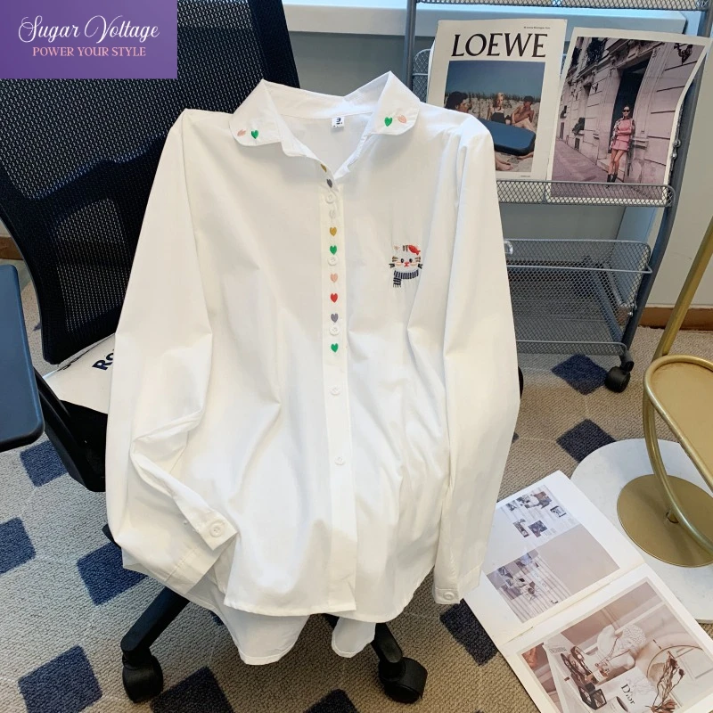 

Sweet Girl Shirt Loose Fit Cotton Cat Embroidery Blouse Women Long Sleeve Tops Preppy Style Heart Stitching Fall Fashion Shirt