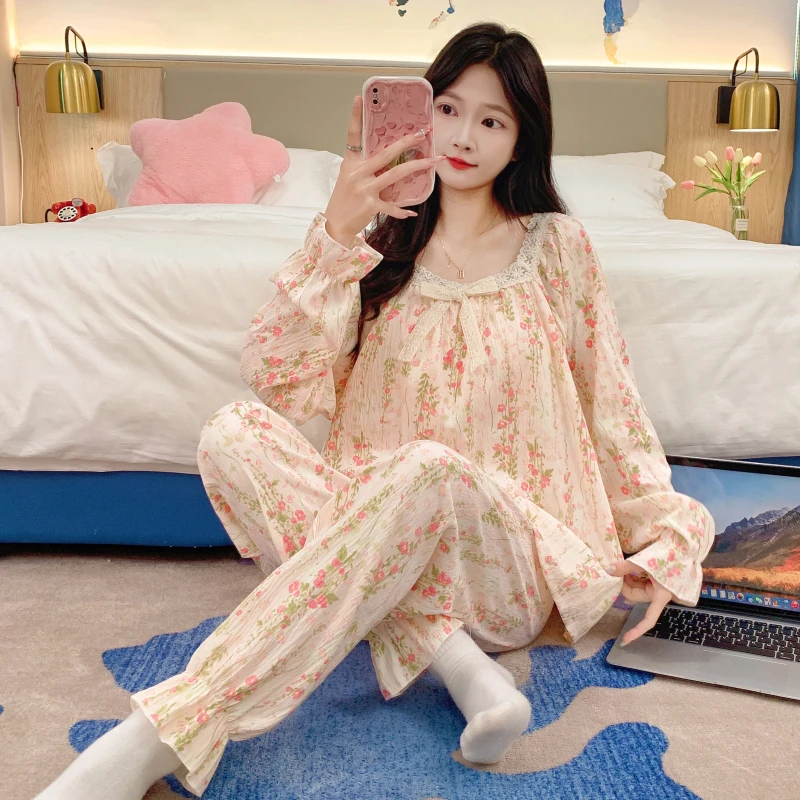 

2025 Autumn Plus Size Long Sleeve Cotton Pajama Sets for Women Korean Cute Lace Sleepwear Pyjamas Homewear Pijama Mujer Clothes